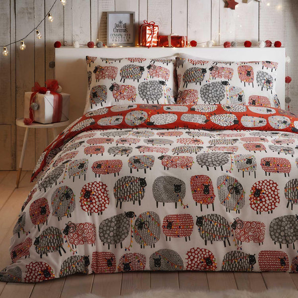 Dotty Sheep Christmas Reversible Red Duvet Cover Set -  - Ideal Textiles