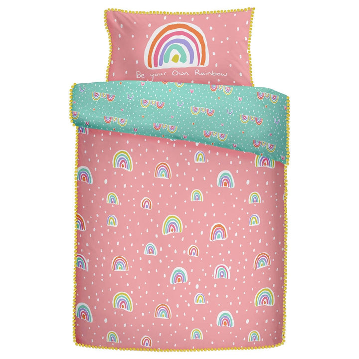 Rainbow Pom Pom 100% Cotton Kids Pink Duvet Cover Set -  - Ideal Textiles