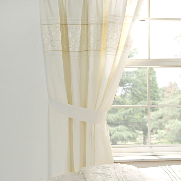 Everdean Lace Pin-Tuck Cream Lined Tape Top Curtains - 66'' x 72'' - Ideal Textiles