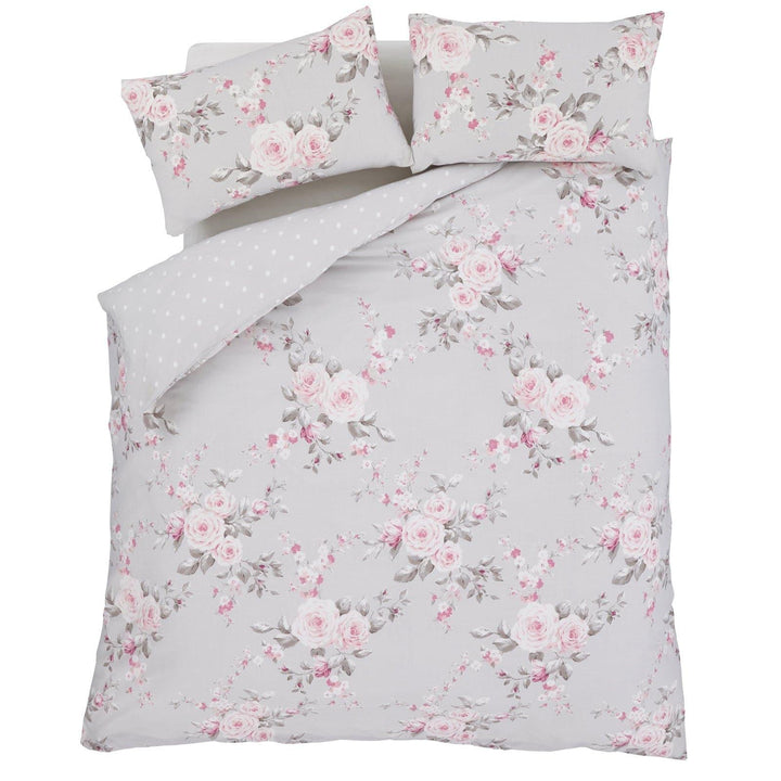 Canterbury Reversible Floral & Polka Dot Grey Duvet Cover Set -  - Ideal Textiles