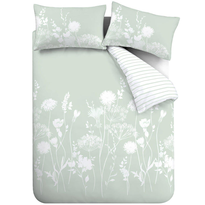 Meadowsweet Floral Silhouette Reversible Green Duvet Cover Set - Ideal