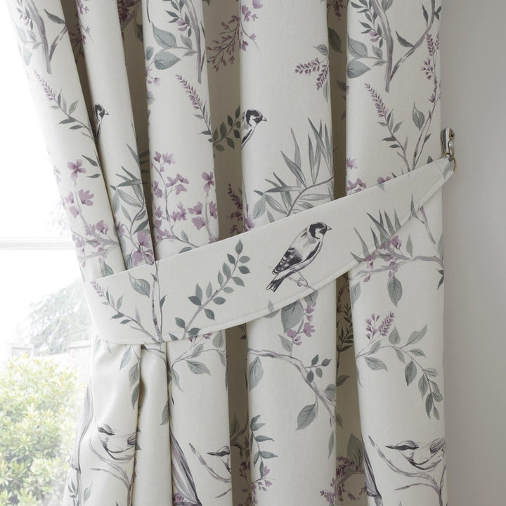 Jazmine Floral Bird Lined Tape Top Curtains Heather -  - Ideal Textiles