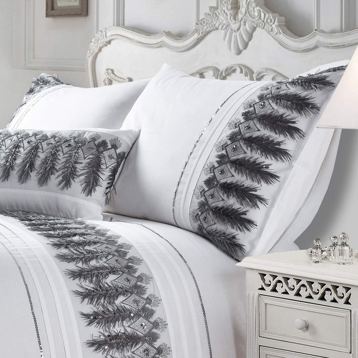 Feathers Embroidered Sequin Applique White Duvet Cover Set -  - Ideal Textiles