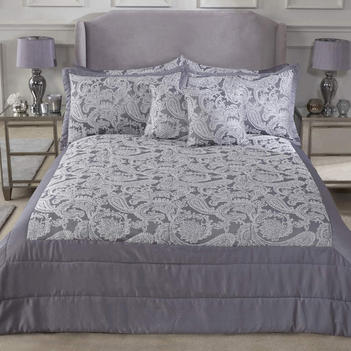 Duchess Paisley Jacquard Sateen Quilted Silver Bedspread -  - Ideal Textiles