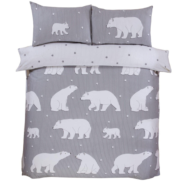 Polar Bear 100% Brushed Cotton Flannelette Grey Duvet Cover Set -  - Ideal Textiles