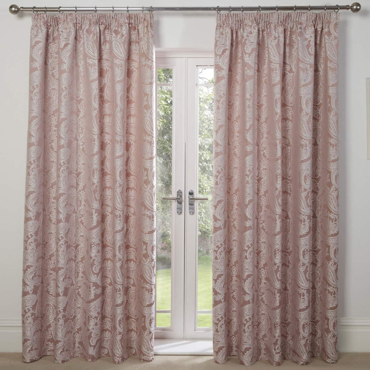 Duchess Paisley Jacquard Lined Tape Top Curtains Blush Pink -  - Ideal Textiles
