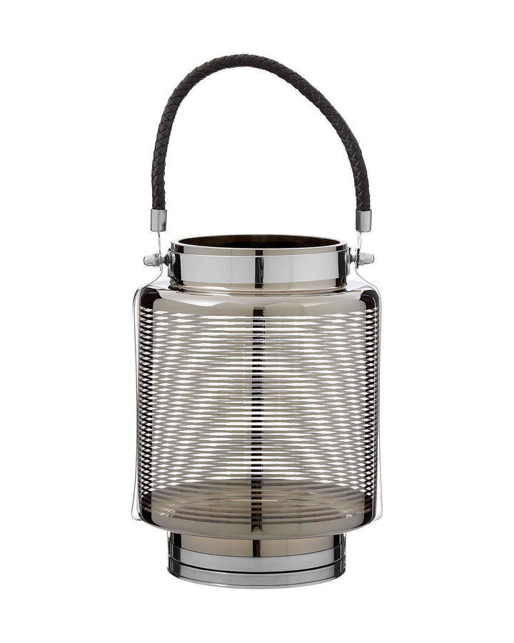 Nickel Stripe Glass Large Lantern with Faux Leather Handle - Ideal