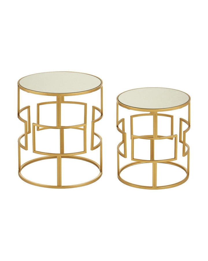 Set of 2 Gold Metal Openwork Side Tables with Mirrored Top - Ideal