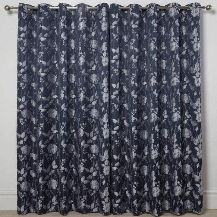Butterfly Meadow Jacquard Lined Eyelet Curtains Navy -  - Ideal Textiles