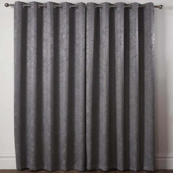 Regency Damask Thermal Blackout Eyelet Curtains Silver -  - Ideal Textiles