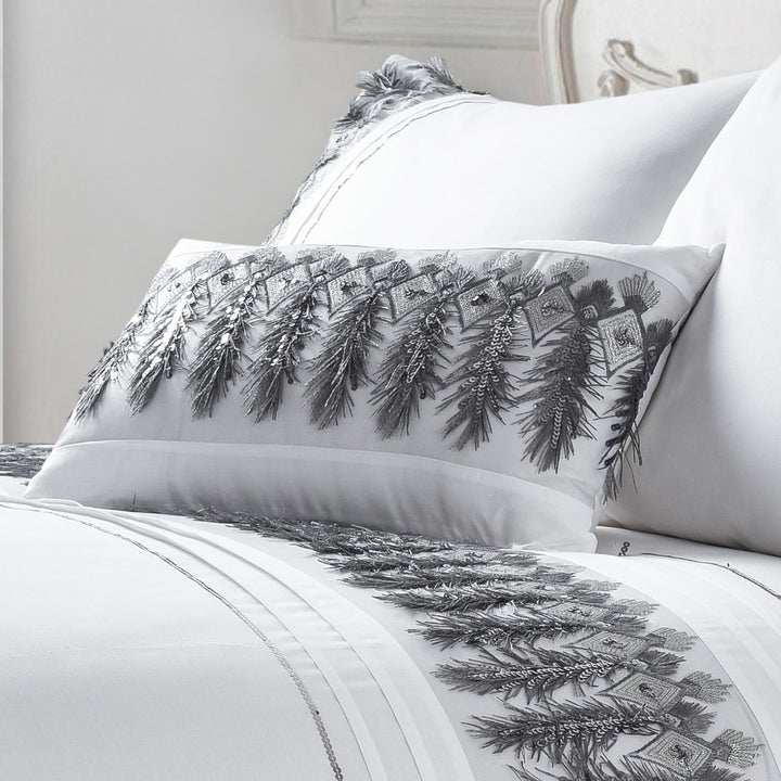 Feathers Embroidered Sequin Applique White Duvet Cover Set - Boudoir Cushion - Ideal Textiles