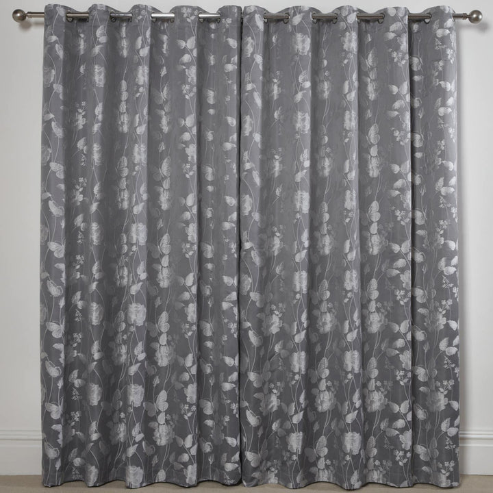 Butterfly Meadow Jacquard Lined Eyelet Curtains Silver -  - Ideal Textiles