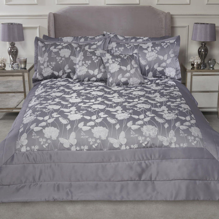 Butterfly Meadow Jacquard Sateen Quilted Silver Bedspread -  - Ideal Textiles