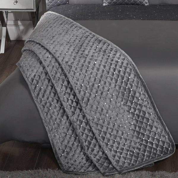 Glamour Crushed Velvet Sequin Sparkle Quilted Silver Bedspread -  - Ideal Textiles