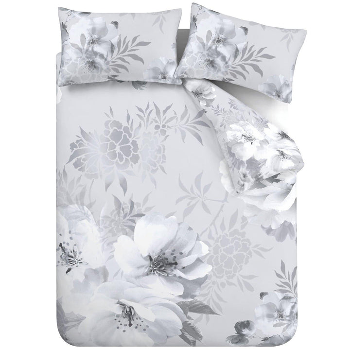 Dramatic Floral Peony Print Silver & Grey Duvet Cover Set -  - Ideal Textiles