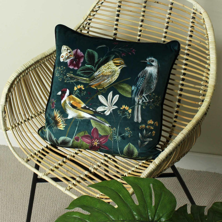 Midnight Garden Birds Green Velvet Filled Cushions - Ideal