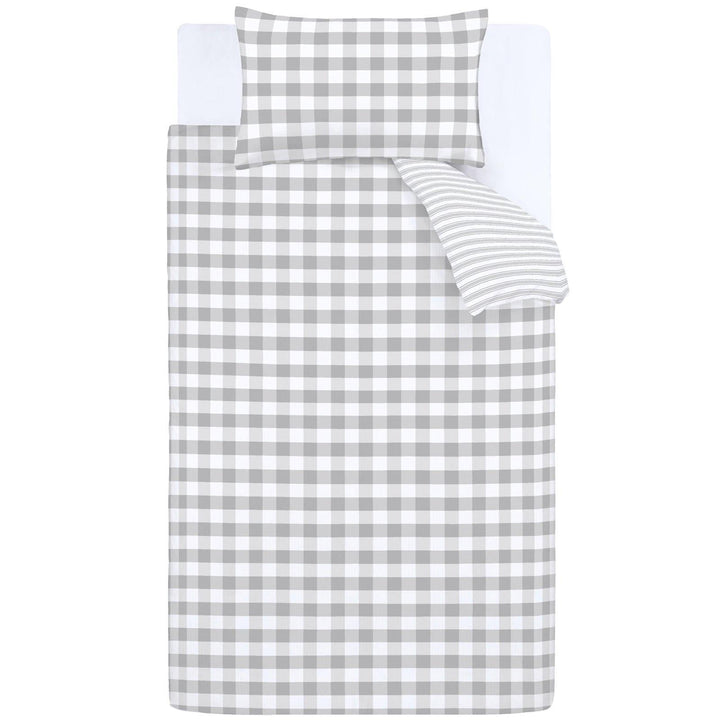 Check and Stripe 100% Cotton Grey Duvet Cover Set -  - Ideal Textiles