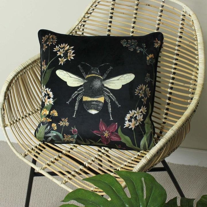 Midnight Garden Bee Black Velvet Cushion Cover 17'' x 17'' - Ideal