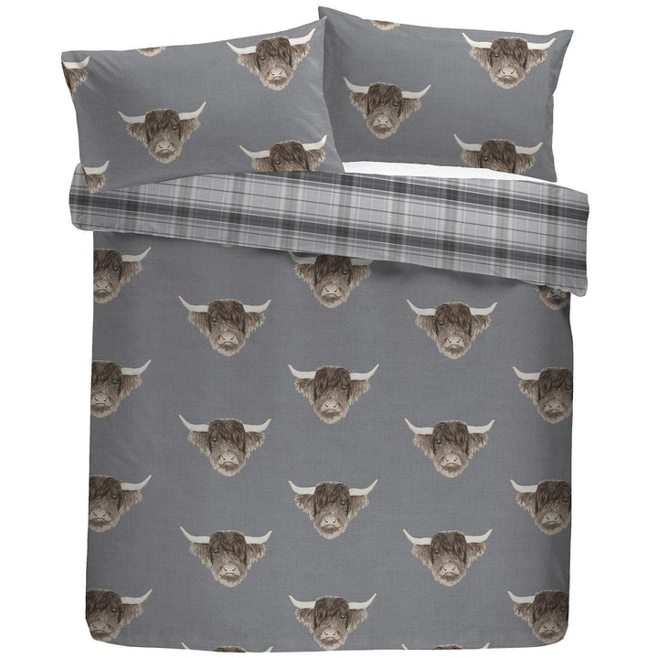 Highland Cow Tartan Reversible Grey Duvet Cover Set -  - Ideal Textiles