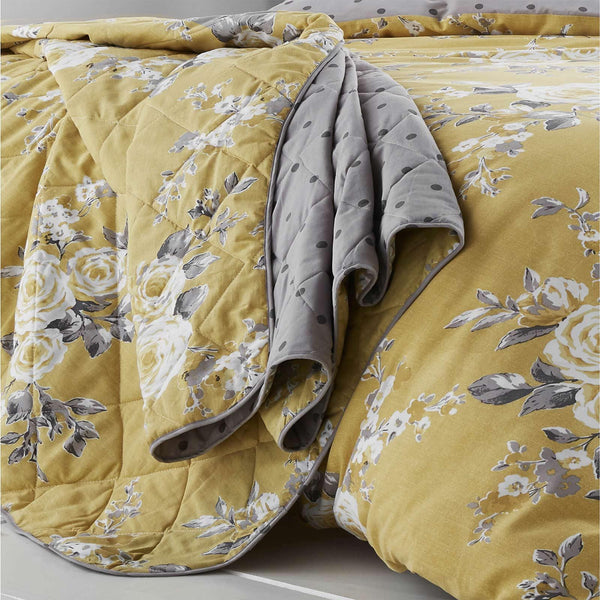 Canterbury Floral Polka Dot Ochre Quilted Bedspread -  - Ideal Textiles