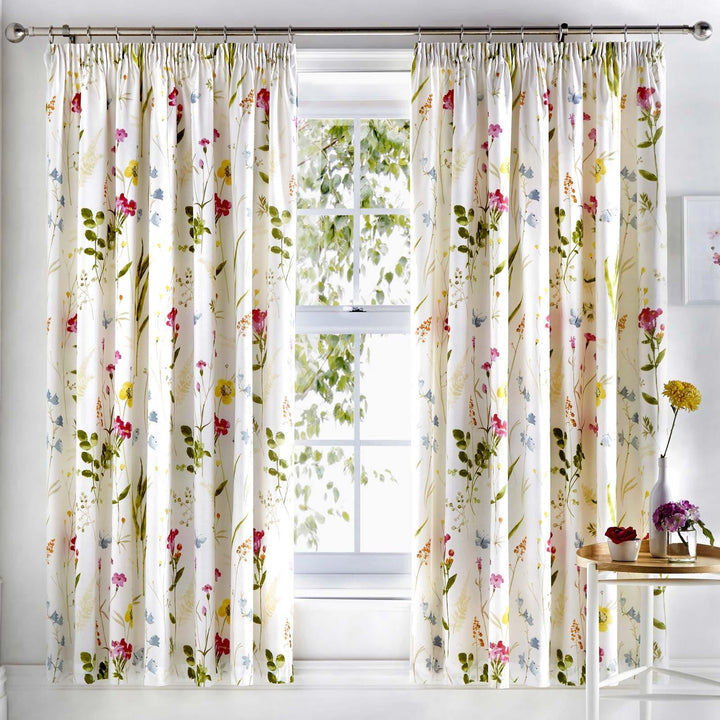 Spring Glade Painted Floral Multicolour Lined Tape Top Curtains - 66'' x 72'' - Ideal Textiles