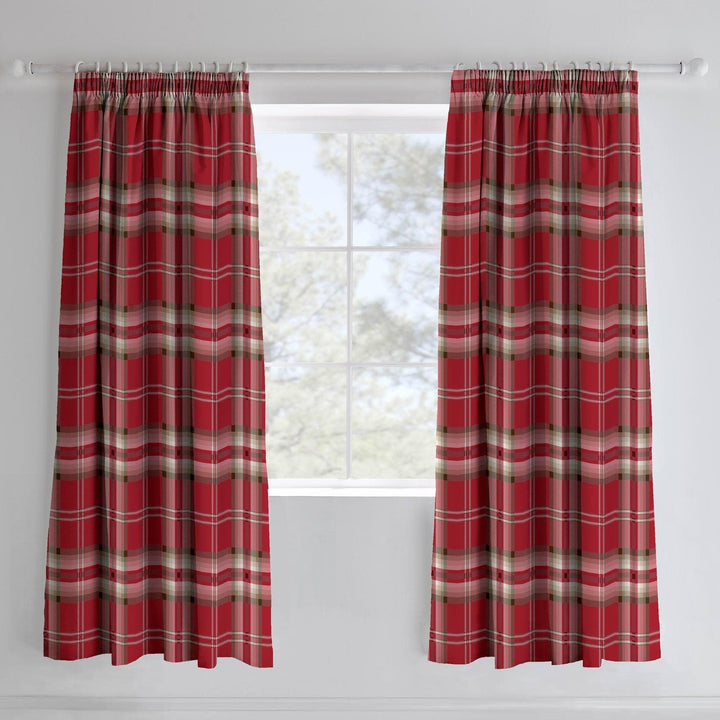 Kelso Plaid Tartan Check Red Lined Tape Top Curtains - 66'' x 72'' - Ideal Textiles