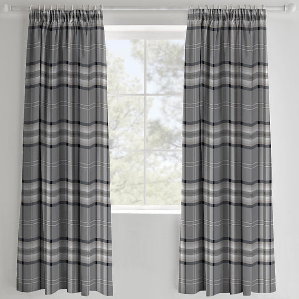 Kelso Plaid Tartan Check Charcoal Lined Tape Top Curtains - 66'' x 72'' - Ideal Textiles
