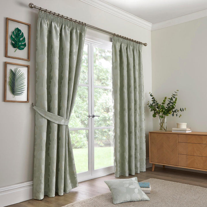 Bramford Jacquard Lined Tape Top Curtains Green - Ideal