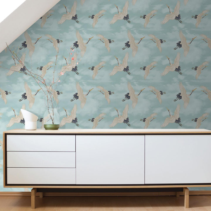 Cranes Duck Egg Blue Wallpaper - Ideal