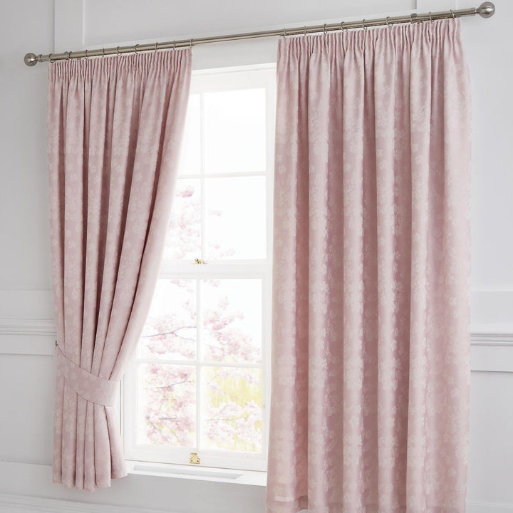 Blossom Floral Jacquard Lined Tape Top Curtains Blush - 66'' x 72'' - Ideal Textiles