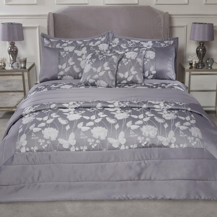 Butterfly Meadow Jacquard Sateen Quilted Silver Bedspread -  - Ideal Textiles
