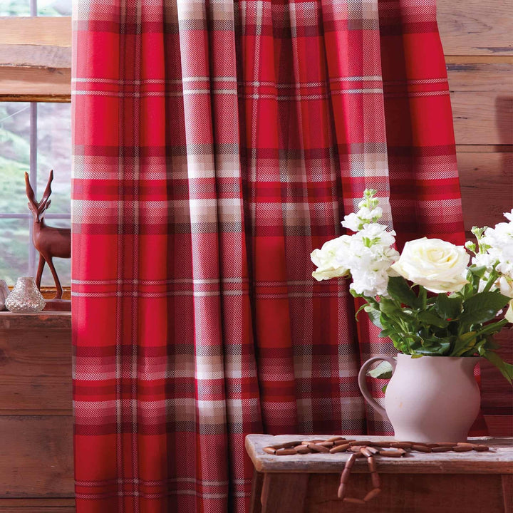 Kelso Plaid Tartan Check Red Lined Tape Top Curtains -  - Ideal Textiles