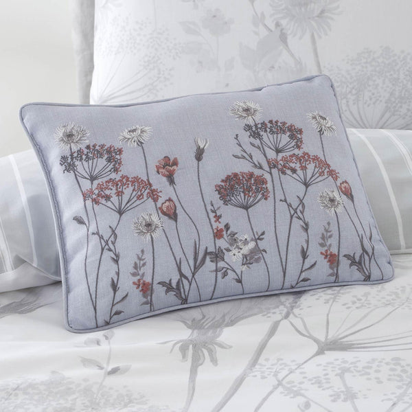 Meadowsweet Floral Embroidered Grey Filled Boudoir Cushion - Ideal