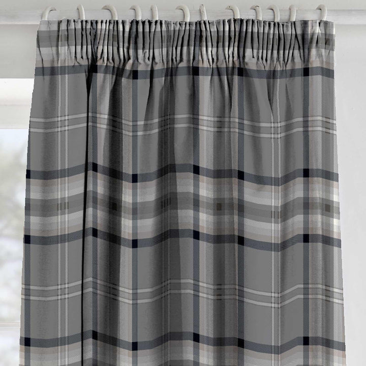 Kelso Plaid Tartan Check Charcoal Lined Tape Top Curtains -  - Ideal Textiles