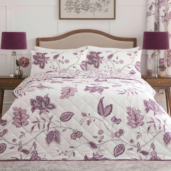 Samira Trailing Floral Plum Quilted Bedspread - Ideal