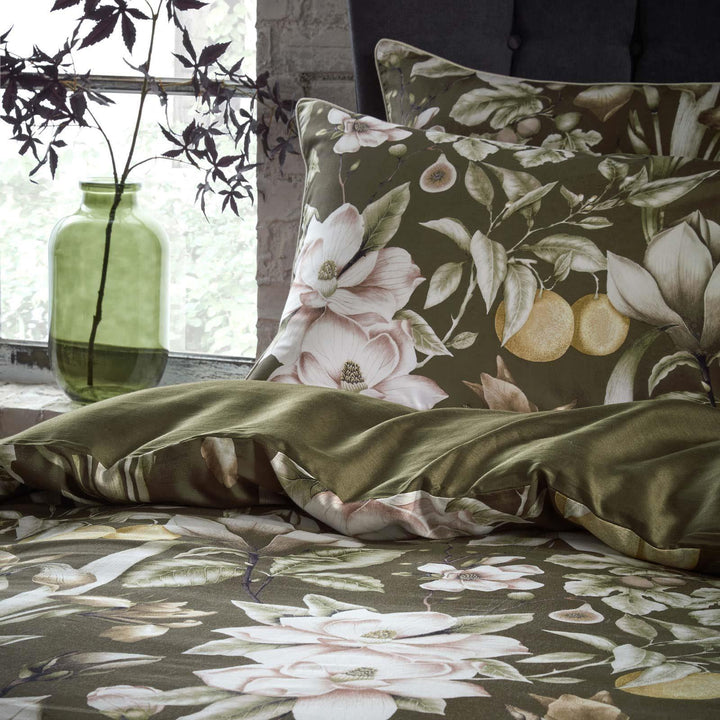 Lavish Floral Cotton Sateen Moss Duvet Cover Set - Ideal