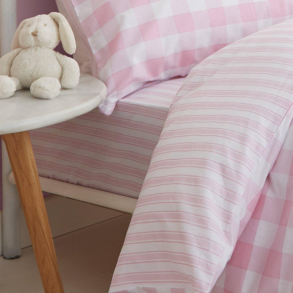 Check & Stripe 100% Cotton Pink Fitted Sheets - Single - Ideal Textiles