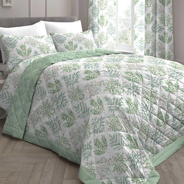 Emily Botanical Quilted Bedspread Green 195cm x 230cm -  - Ideal Textiles