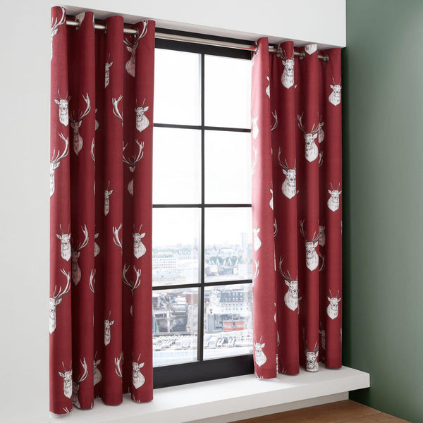Munro Stag Lined Eyelet Curtains Red - 66'' x 72'' - Ideal Textiles