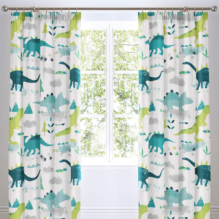 Dino Print Kids Green Lined Tape Top Curtains - 66'' x 72'' - Ideal Textiles