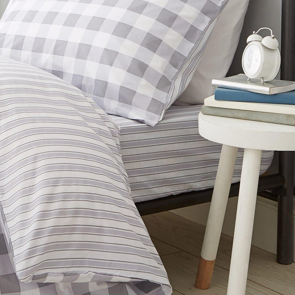 Check & Stripe 100% Cotton Grey Fitted Sheets - Single - Ideal Textiles