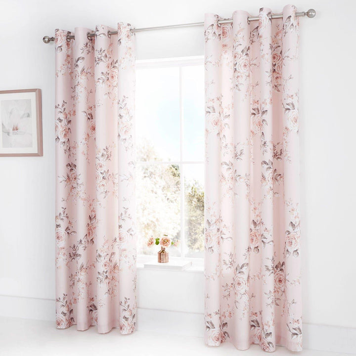 Canterbury Floral Lined Eyelet Curtains Blush - 66'' x 72'' - Ideal Textiles