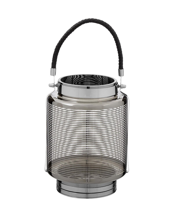 Nickel Stripe Glass Large Lantern with Faux Leather Handle - Ideal
