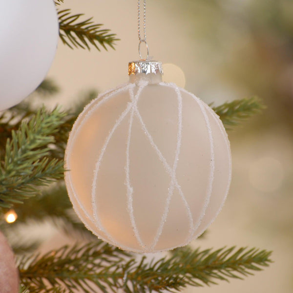 White Beaded Lines Frosted Glass Bauble - Ideal