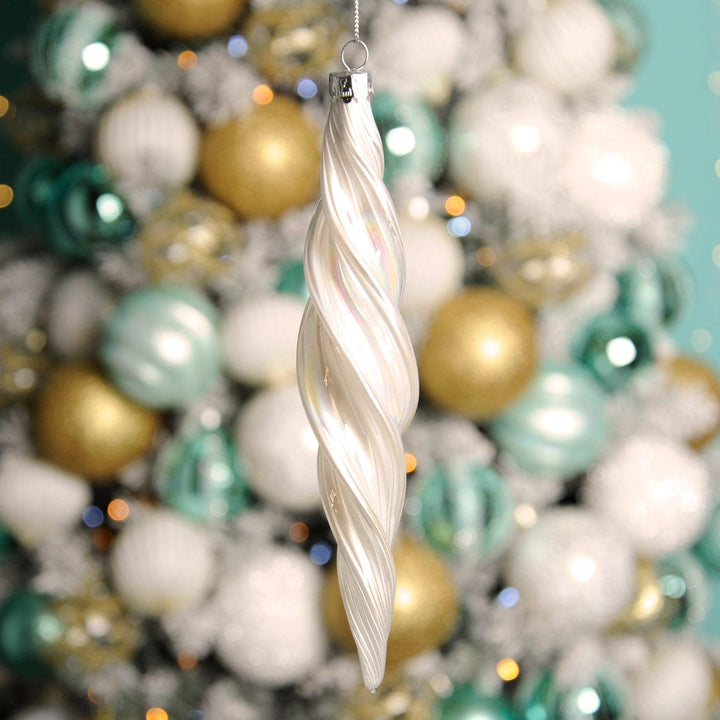 White Pearlescent Twisted Glass Drop Bauble - Ideal