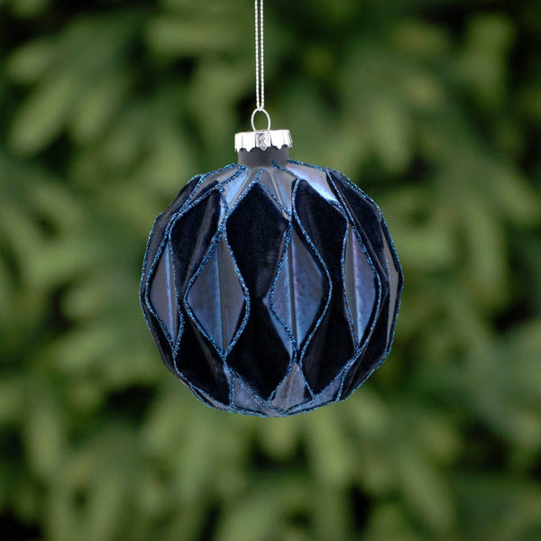 Navy Flocked Segments Glass Bauble - Ideal