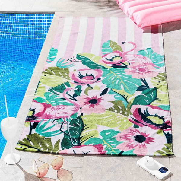 Tropical Flamingo Stripe Beach Towel - Ideal