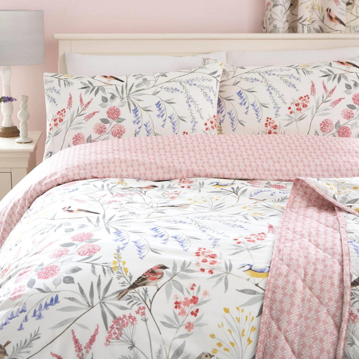 Caraway Floral Bird Reversible Pink Duvet Cover Set - Ideal