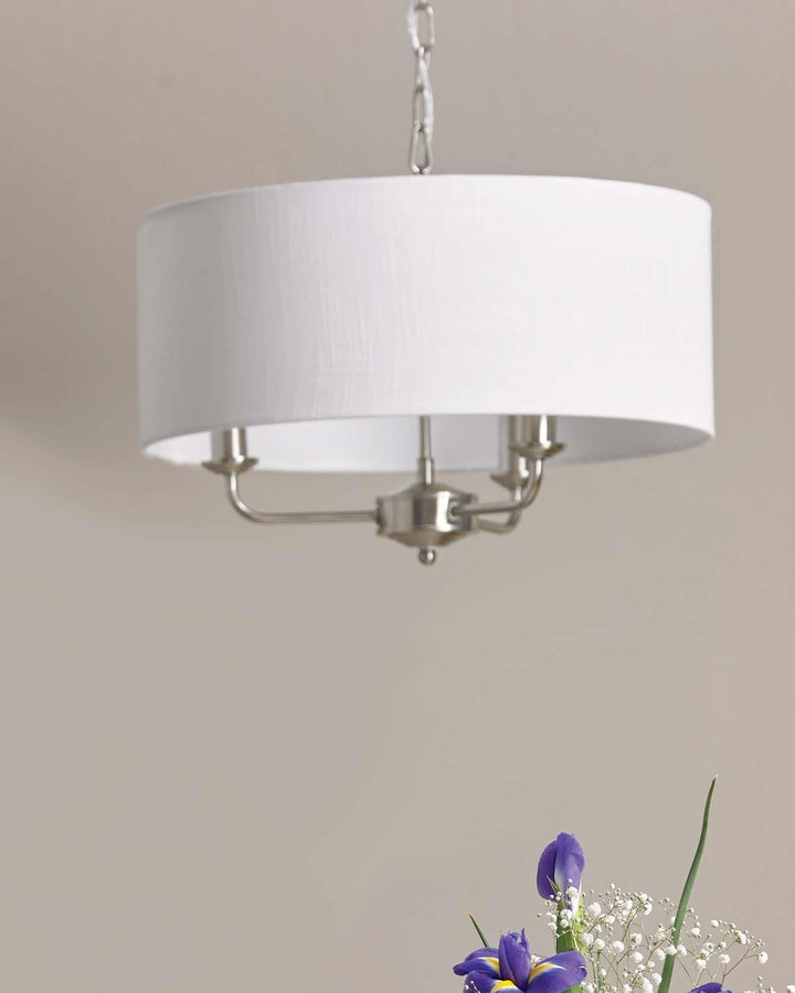 Grantham 3 Light Ceiling Fitting Satin Nickel with White Shade - Ideal