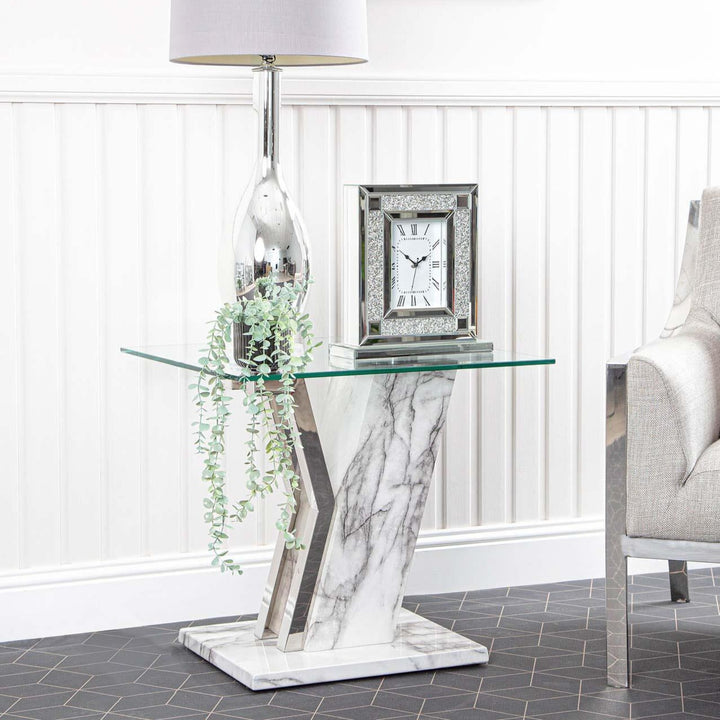 Bianco Marble Effect Side Table - Ideal